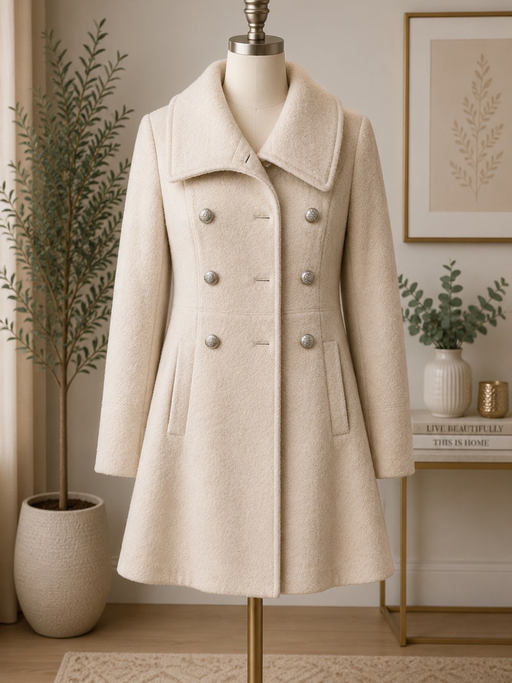 Guess Cream Double-Breasted Wool-Blend Pea Coat